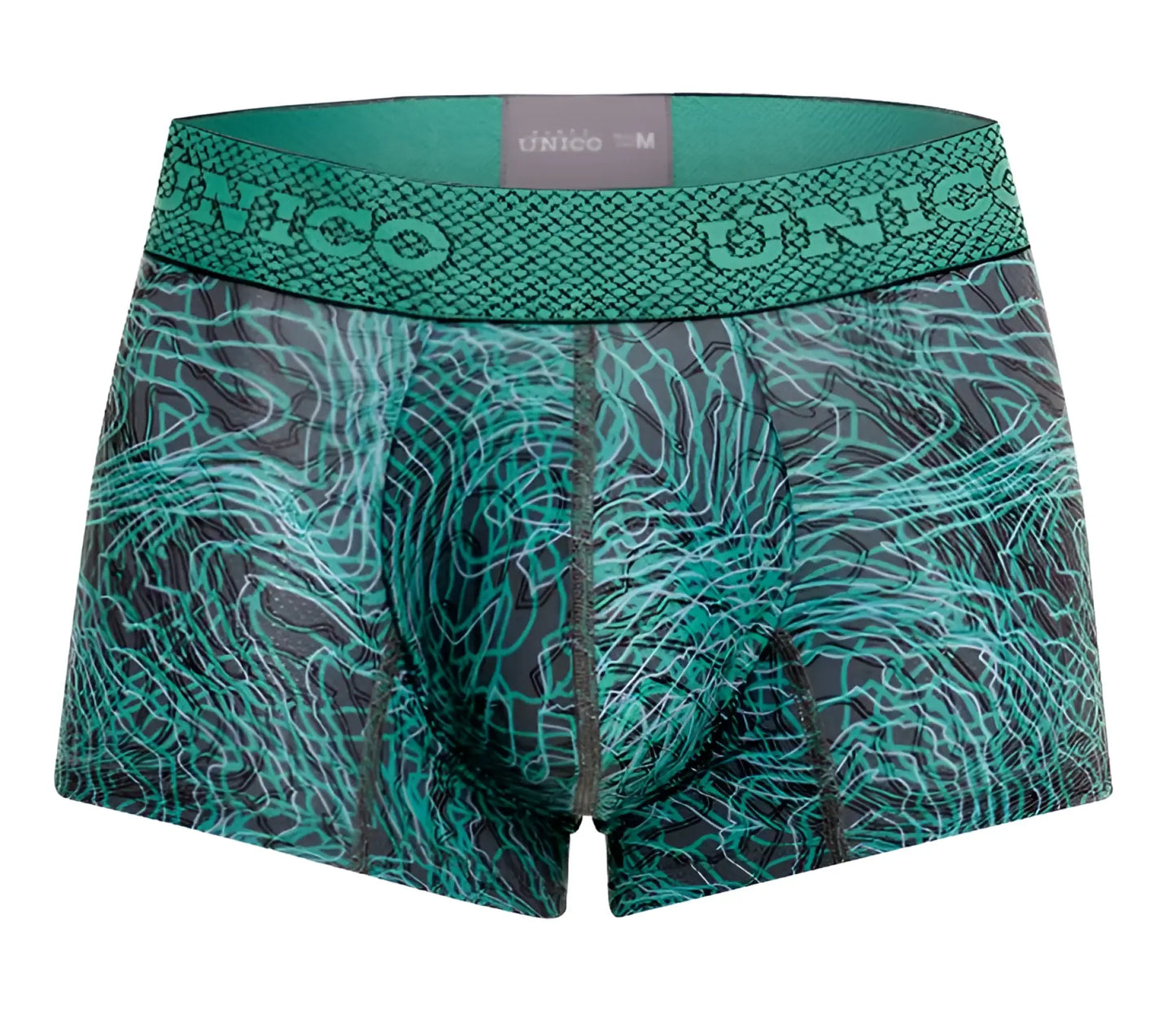 Unico 24080100105 Cairel trunks men’s boxer briefs in teal and black pattern with textured waistband color 43 green