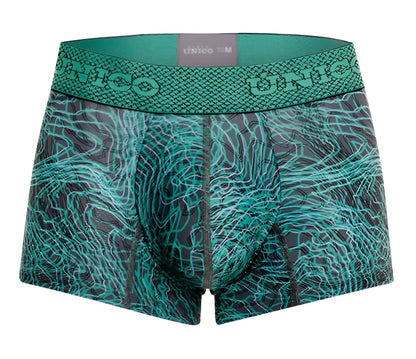 Unico 24080100105 Cairel trunks men’s boxer briefs in teal and black pattern with textured waistband color 43 green