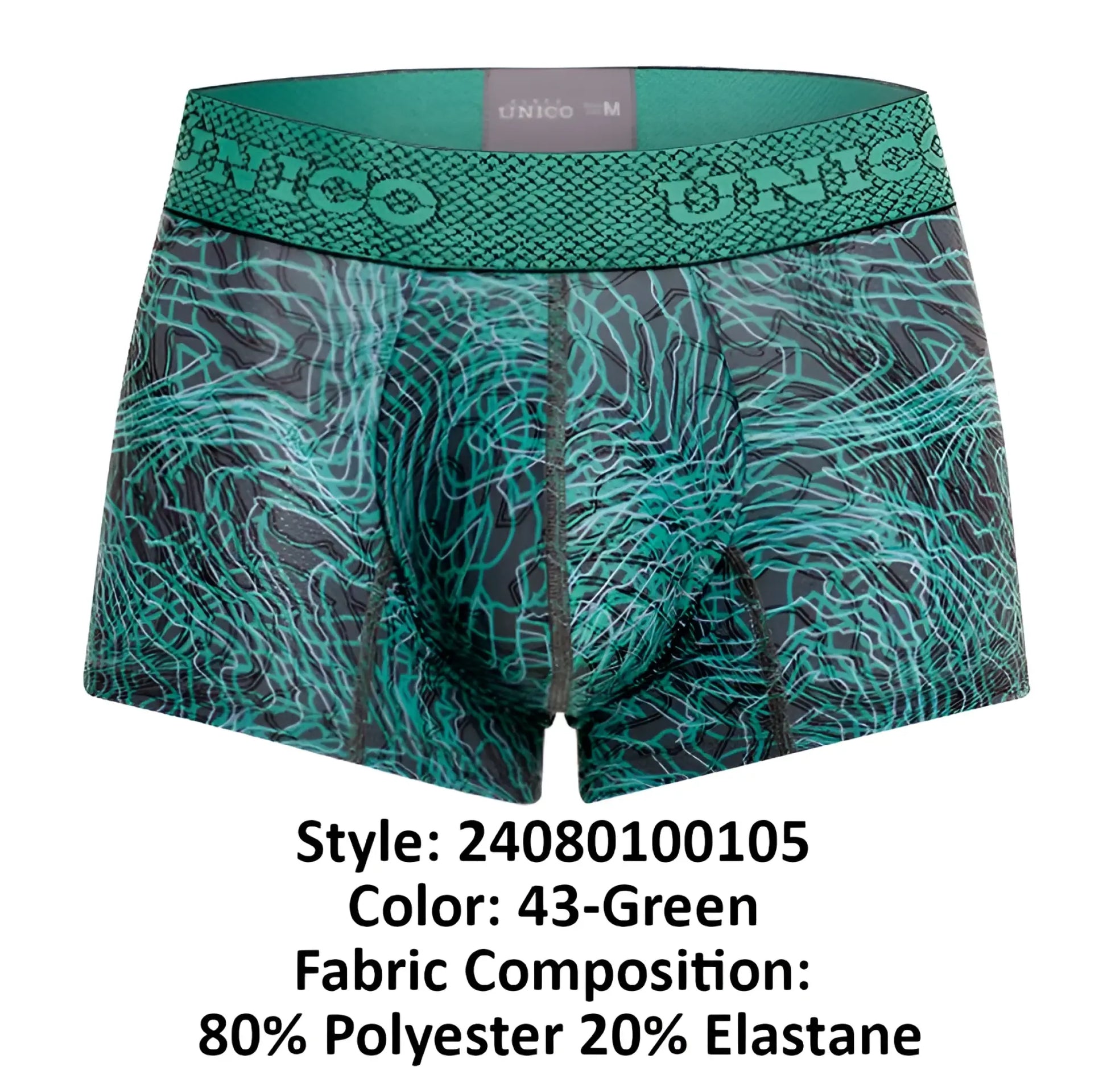 Teal and black patterned unico men’s boxer briefs with textured waistband in color 43 green for everyday comfort