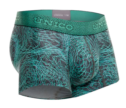 Teal and gray patterned unico men’s boxer briefs with a snakeskin textured waistband color 43 green