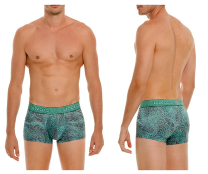 Teal and gray patterned unico 24080100105 cairel men’s boxer briefs with textured waistband in green color