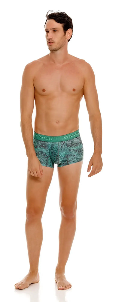 Unico 24080100105 Cairel trunks in green teal patterned briefs with subtle leaf design and elastic waistband