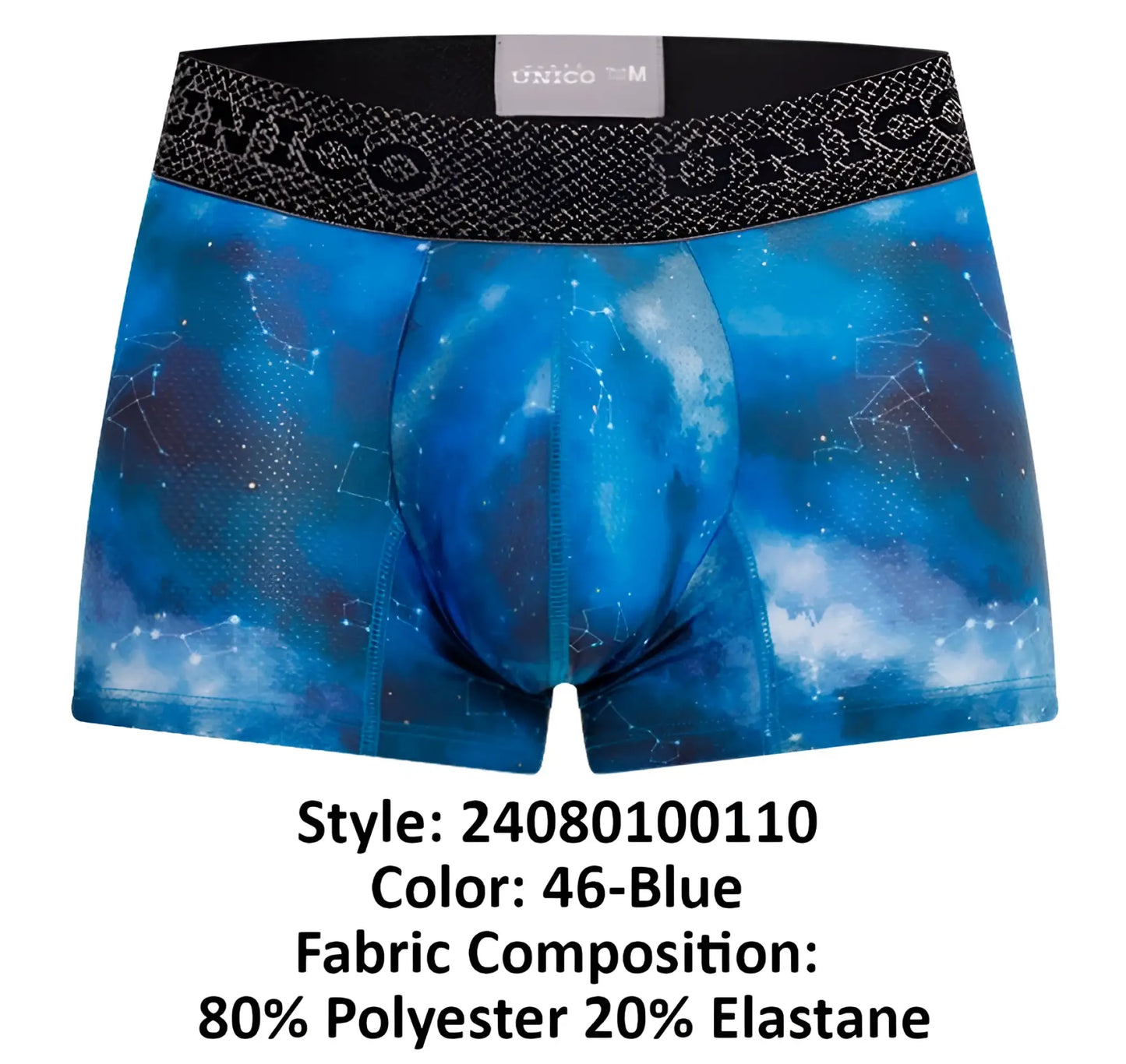 Blue celestial-themed boxer briefs with black unico waistband from unico 24080100110 infinito trunks color 46-blue