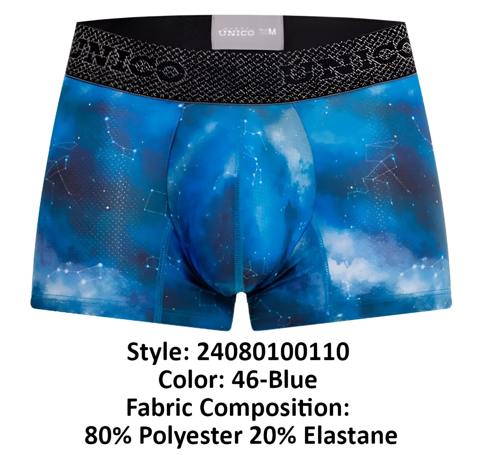 Blue celestial-themed boxer briefs with black unico waistband from unico 24080100110 infinito trunks color 46-blue