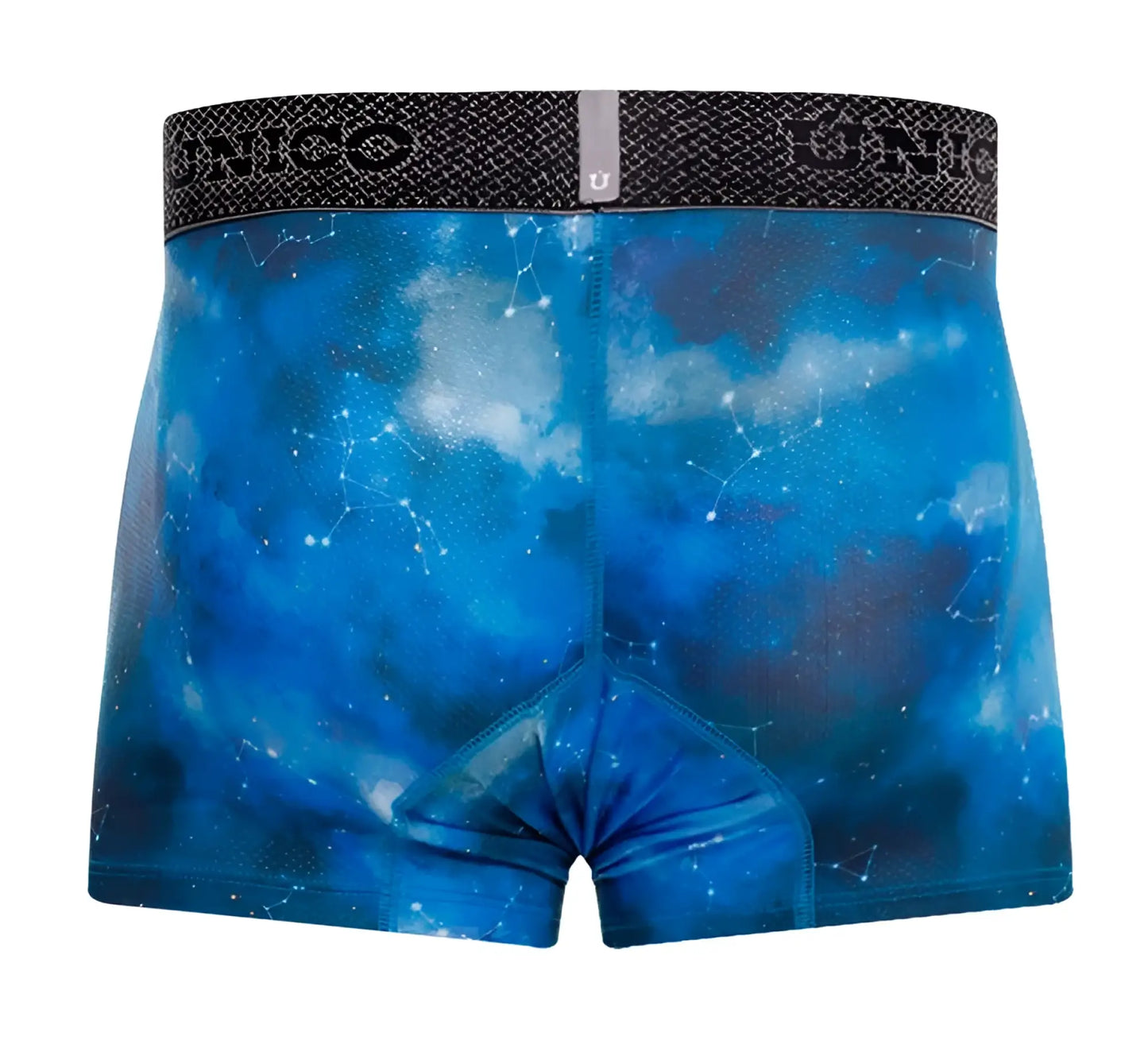 Blue celestial-themed men’s boxer briefs with black unico waistband from unico 24080100110 infinito trunks color 46-blue