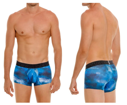 Blue galaxy-patterned men’s boxer briefs with black elastic waistband featuring the brand name citrico in color 46-blue