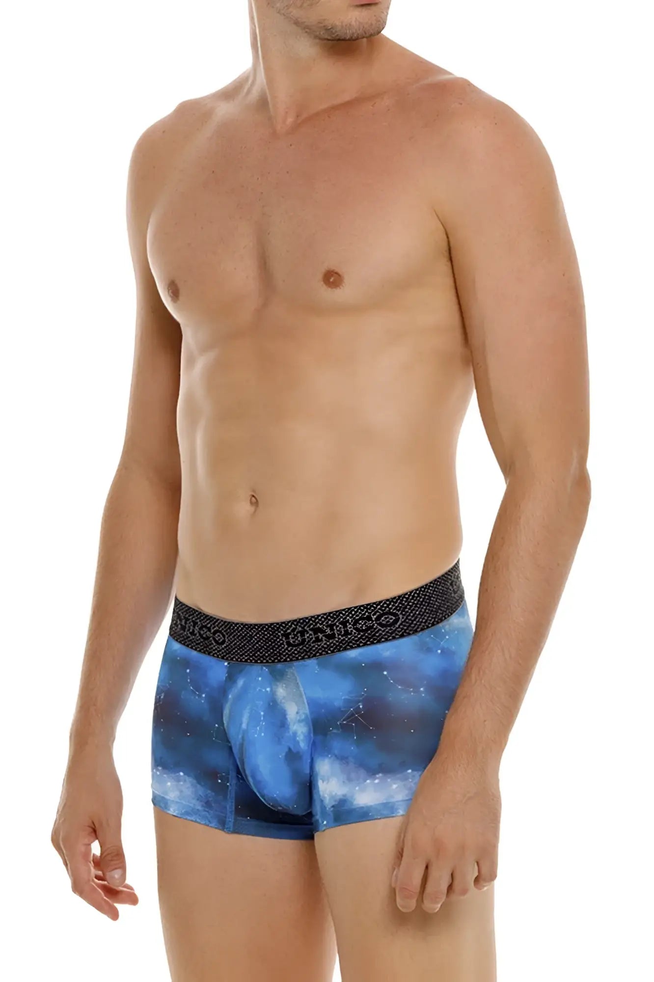 Blue galaxy-patterned men’s boxer briefs with black elastic waistband featuring Unico brand name color 46-blue