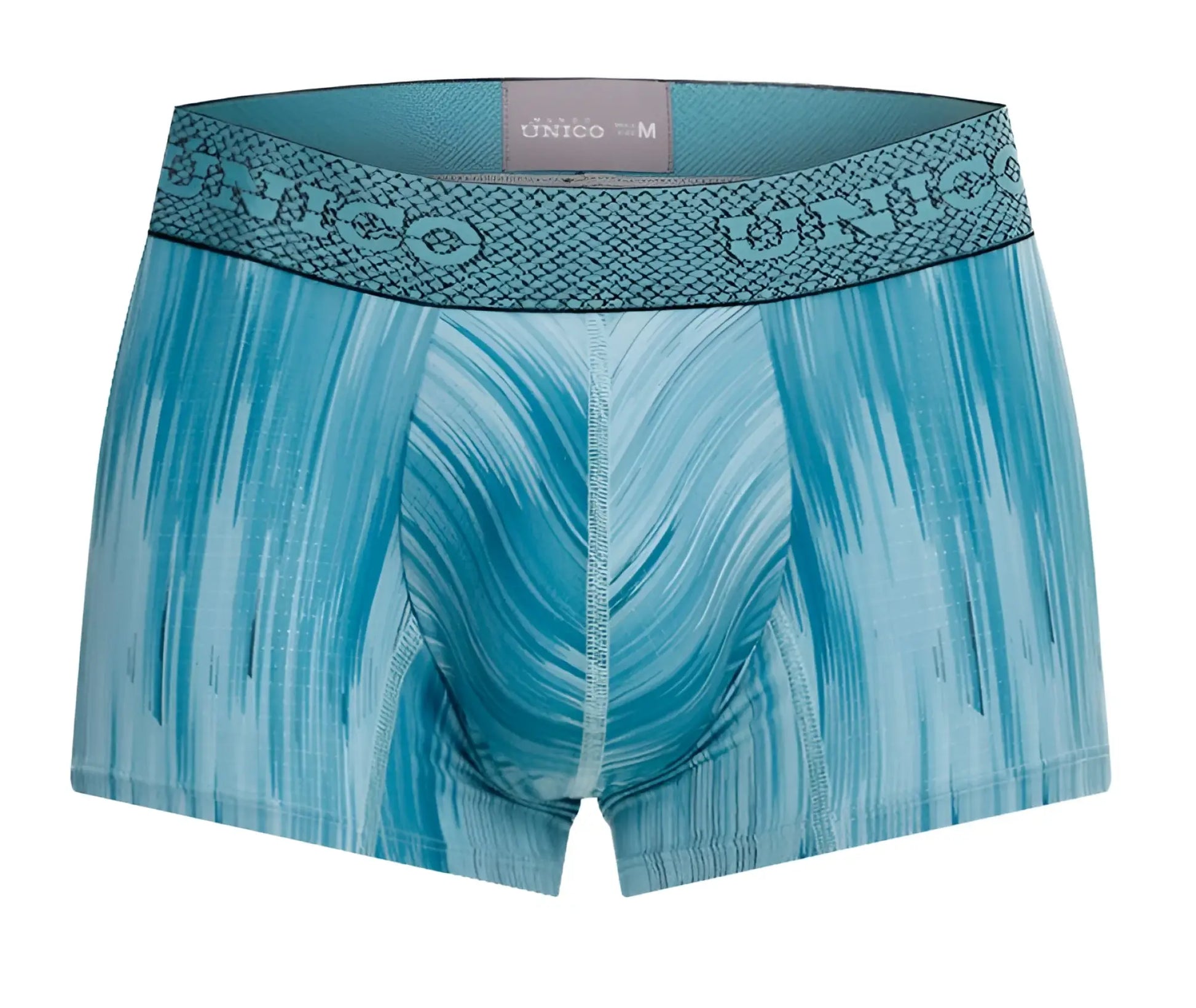 Blue patterned men’s boxer briefs with a textured waistband featuring the unico brand logo in color 43-blue