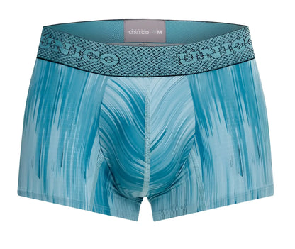 Blue patterned men’s boxer briefs with a textured waistband featuring the unico brand logo in color 43-blue