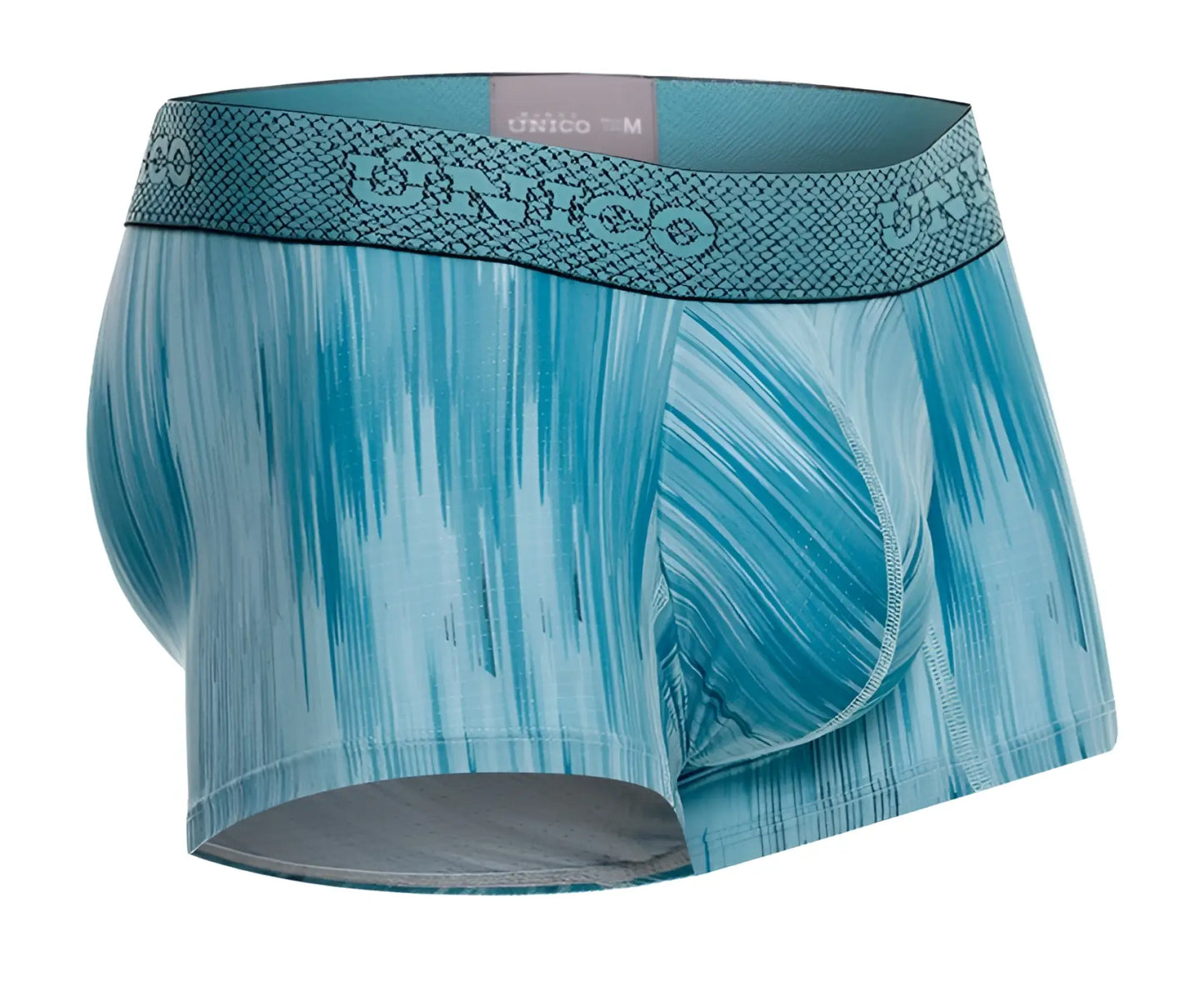 Teal and light blue abstract patterned unico 24080100112 hilada trunks with textured waistband for men