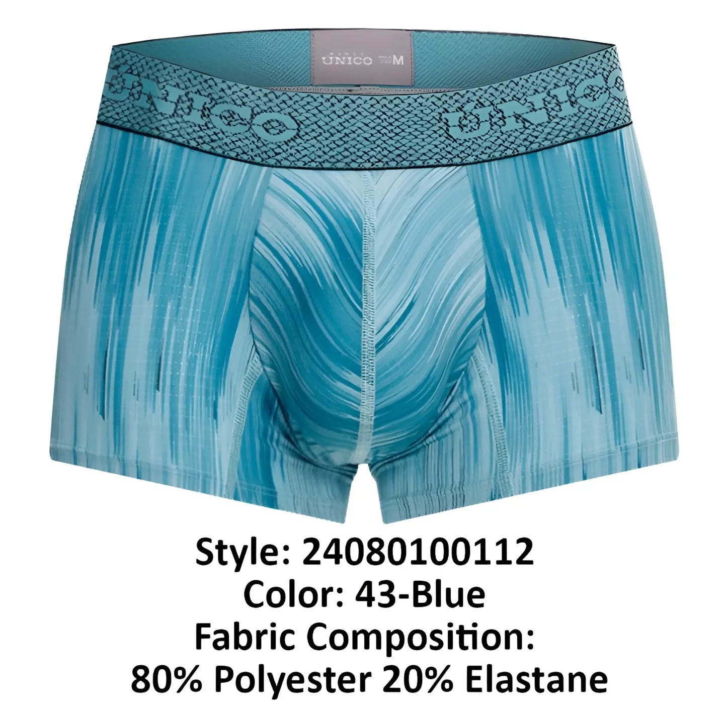 Teal blue patterned Unico 24080100112 Hilada trunks with textured waistband featuring Unico brand logo