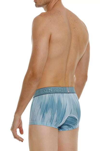 Blue and white abstract patterned men’s boxer briefs with a textured waistband featuring the brand name davino