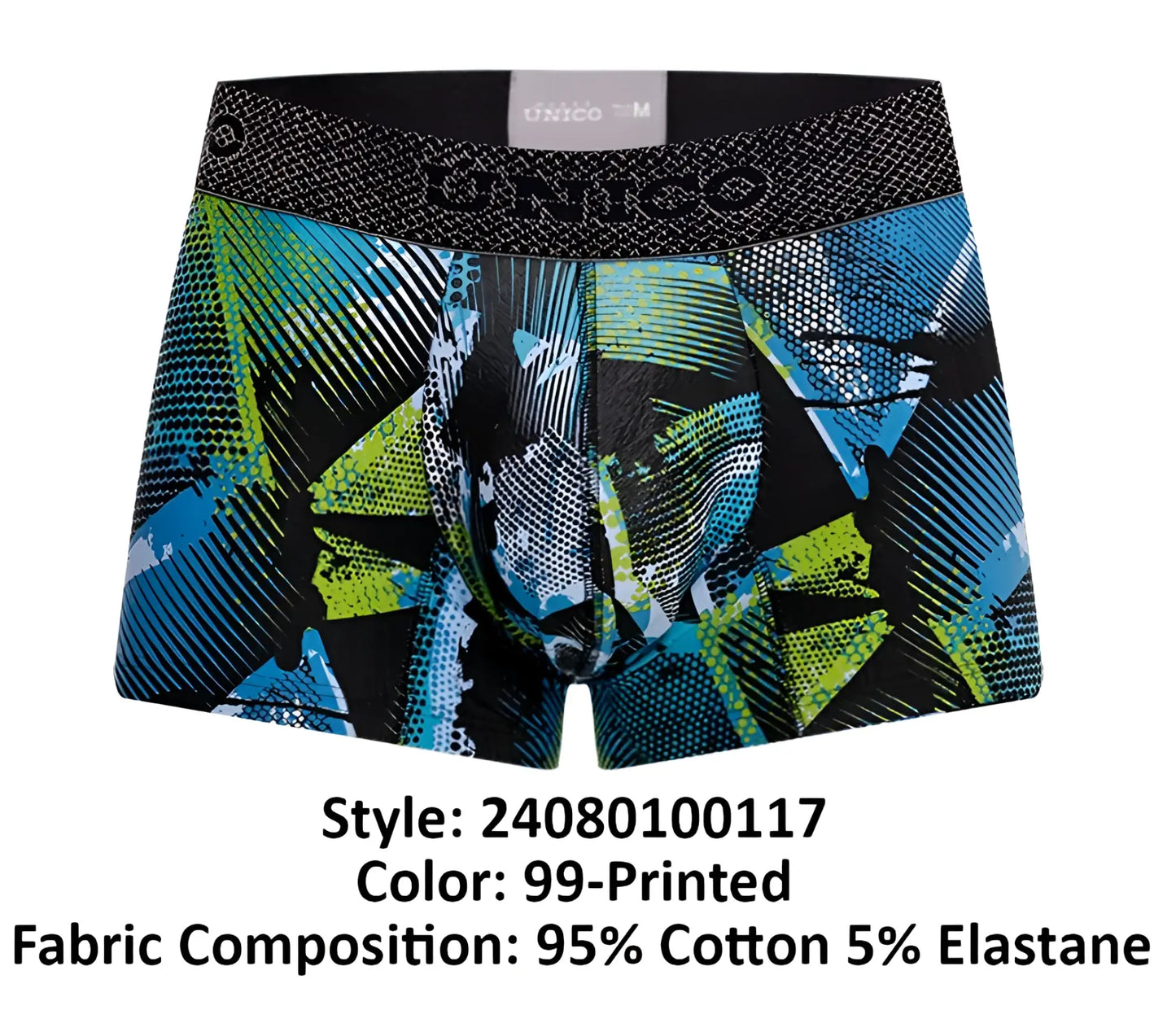 Unico 24080100117 trino trunks printed boxer briefs in black blue and lime green with textured unico waistband