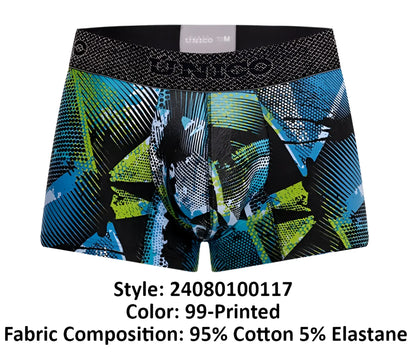 Unico 24080100117 trino trunks printed boxer briefs in black blue and lime green with textured unico waistband