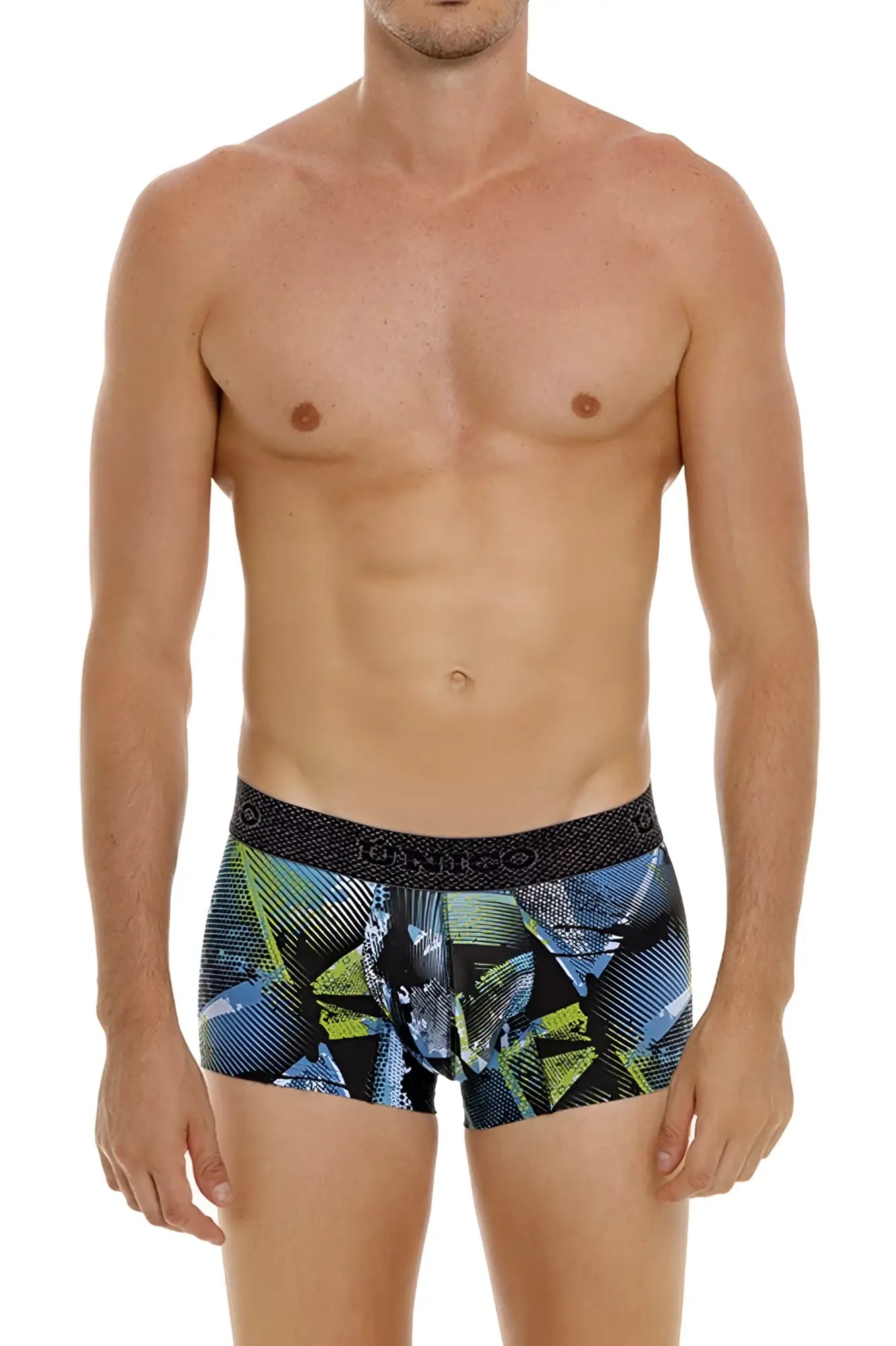 Unico 24080100117 trino trunks printed blue and green geometric patterned men’s boxer briefs with black elastic waistband