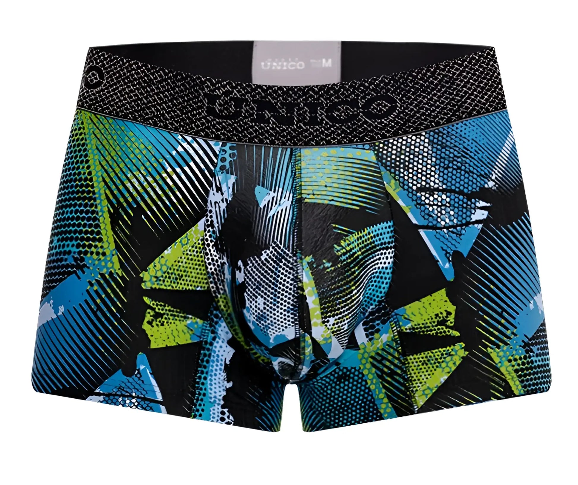 Unico 24080100117 Trino trunks in blue and green geometric pattern with black waistband men’s boxer briefs