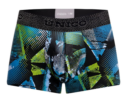 Unico 24080100117 Trino trunks in blue and green geometric pattern with black waistband men’s boxer briefs
