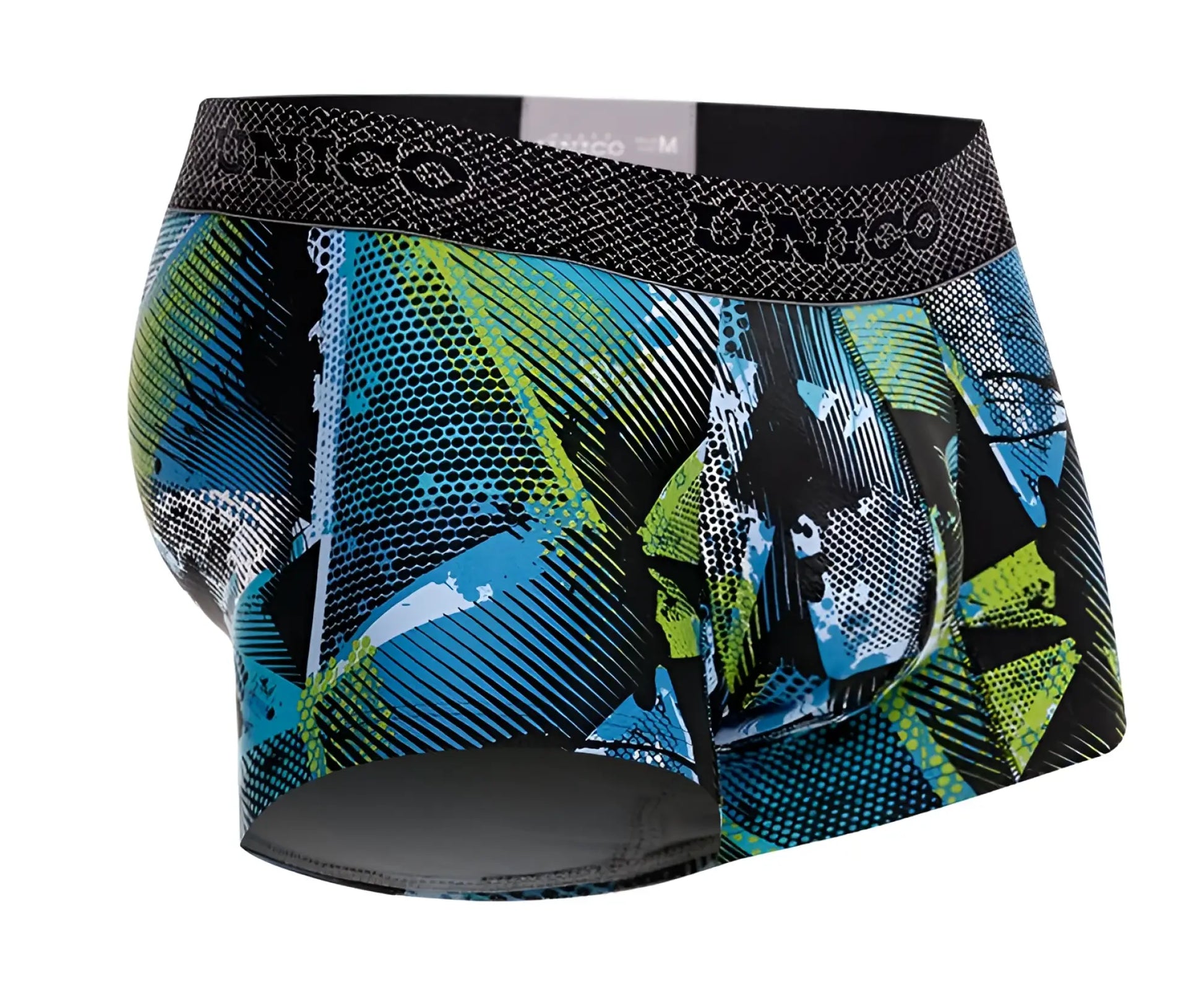 Unico 24080100117 trino trunks color 99-printed mens boxer briefs with bold teal lime green graphic pattern and textured waistband