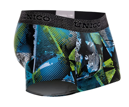 Unico 24080100117 trino trunks color 99-printed mens boxer briefs with bold teal lime green graphic pattern and textured waistband