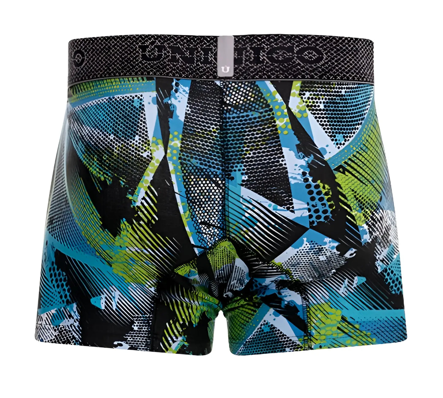 Graphite-colored Unico 24080100117 Trino trunks boxer briefs with bold blue and lime green abstract print