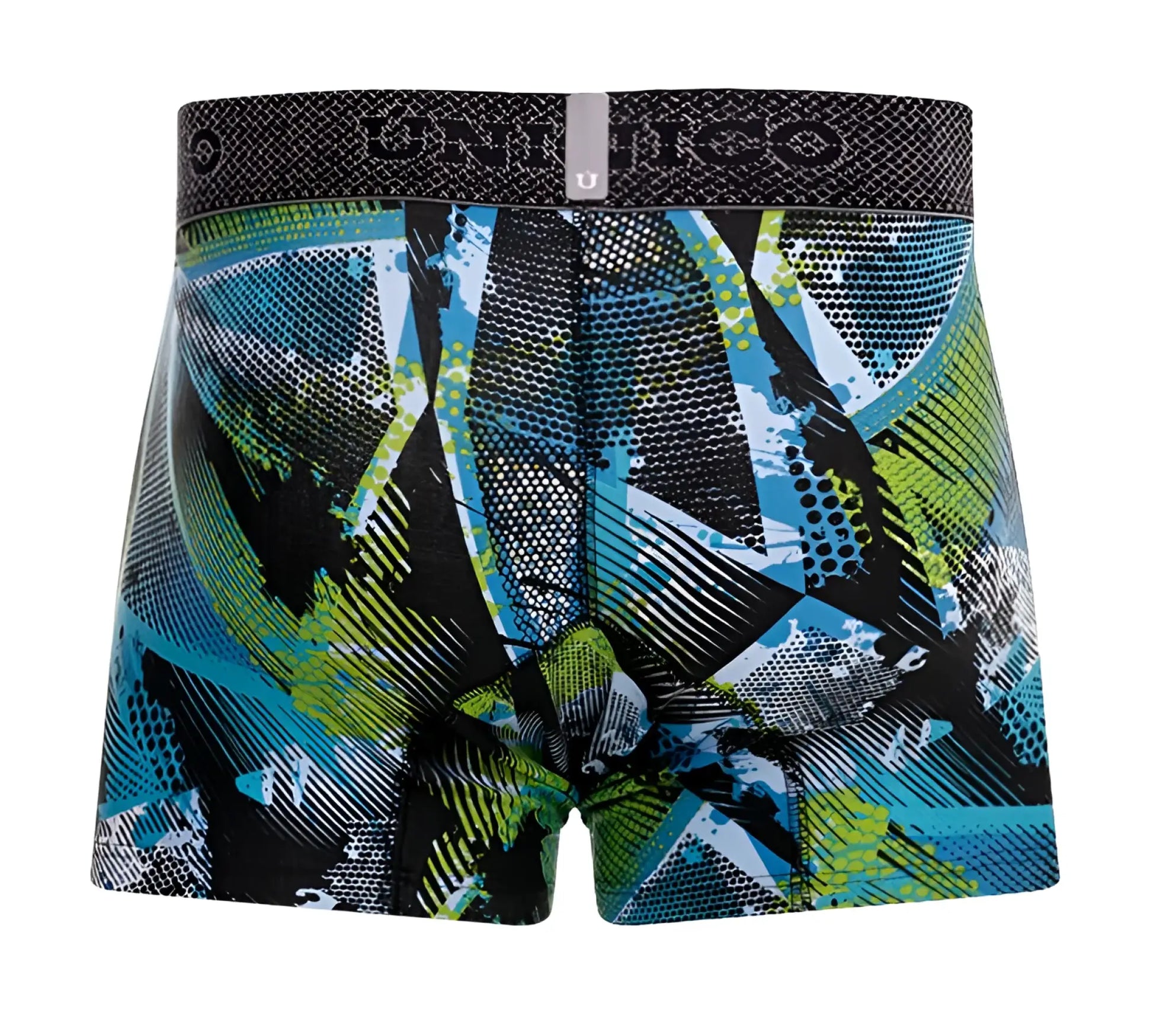 Graphite-colored Unico 24080100117 Trino trunks boxer briefs with bold blue and lime green abstract print
