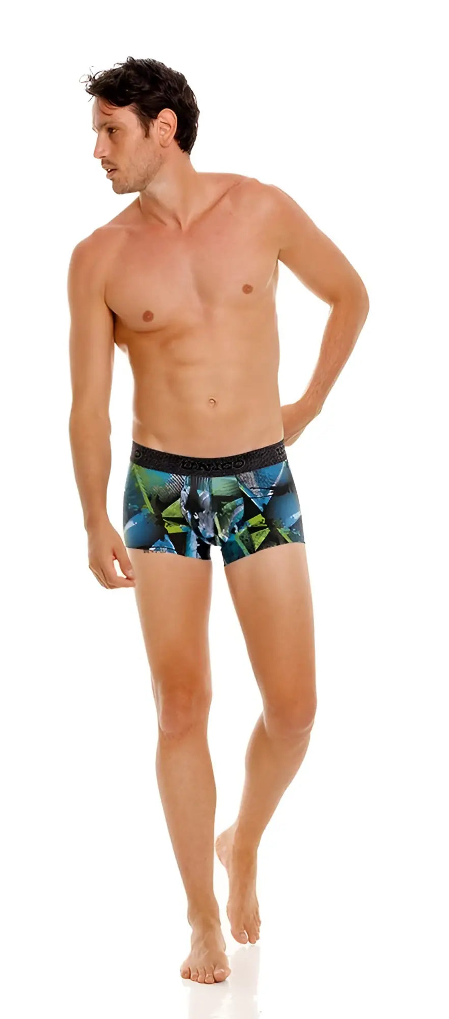 Men’s Unico 24080100117 Trino trunks boxer briefs with vibrant blue green and black geometric pattern printed design