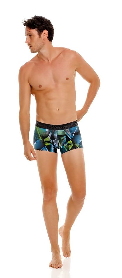 Men’s Unico 24080100117 Trino trunks boxer briefs with vibrant blue green and black geometric pattern printed design