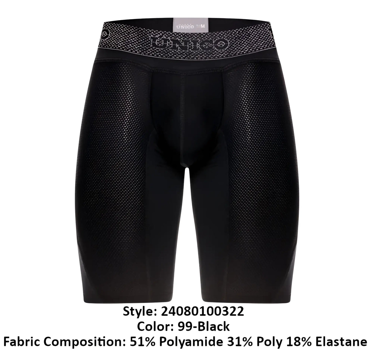 Black unico 24080100322 ardid boxer briefs with textured mesh fabric and patterned waistband for compression wear