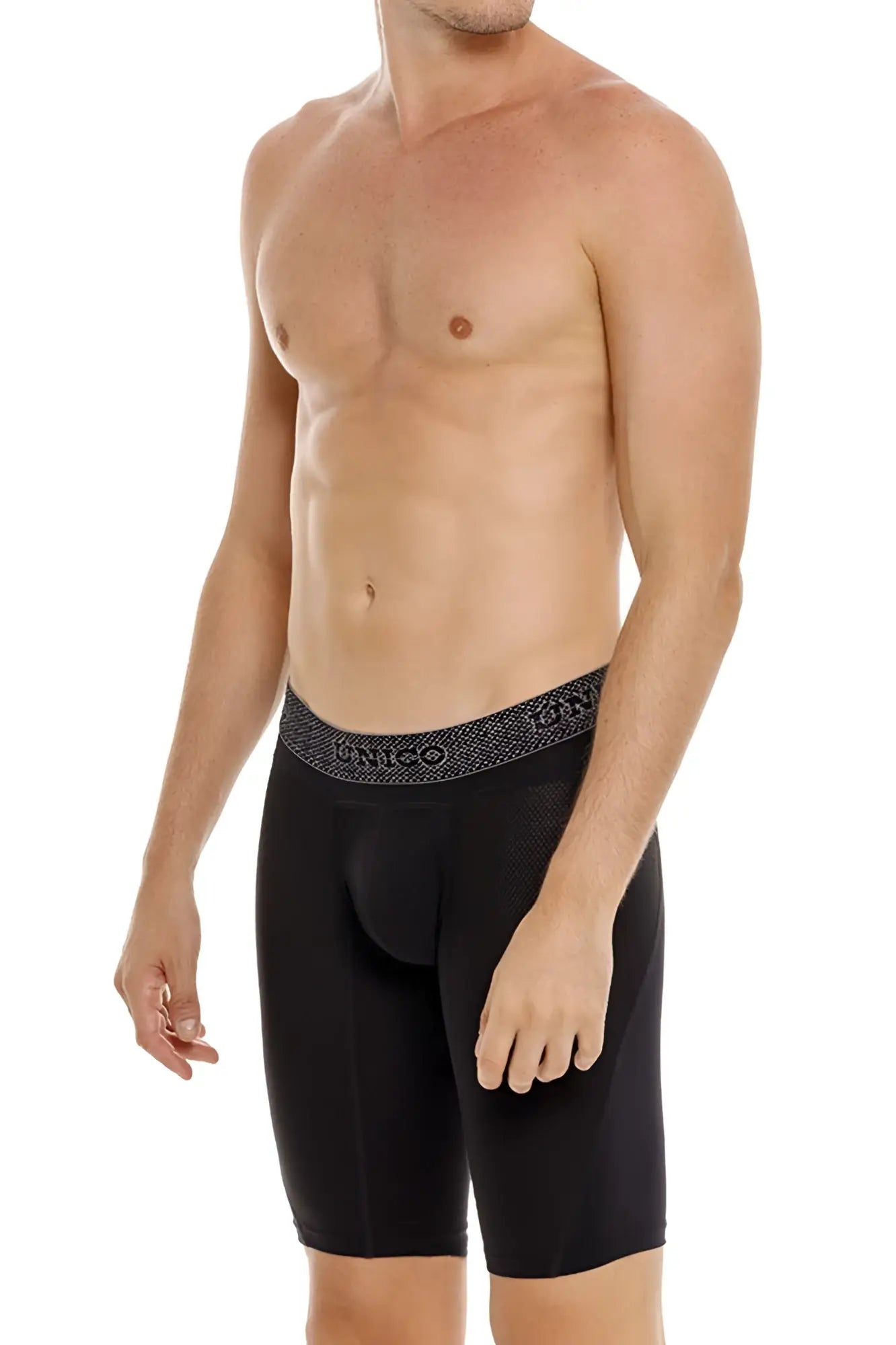 Black men’s boxer briefs in black with a patterned unico waistband designed for comfort and style