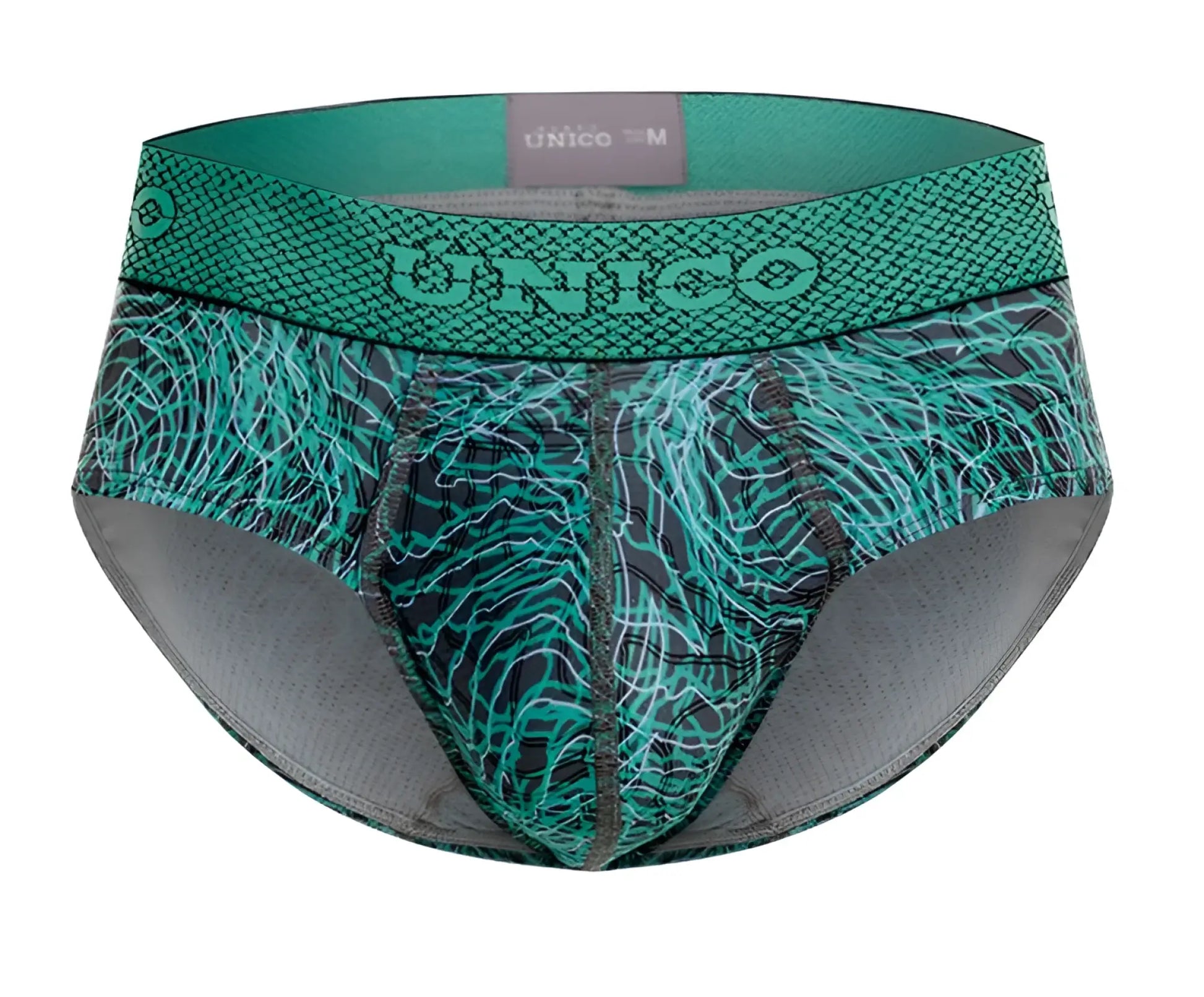 Teal and black patterned unico 24080101105 cairel men’s briefs with textured web-like design on front in green color