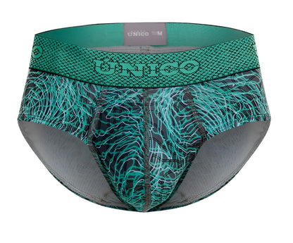 Teal and black patterned unico 24080101105 cairel men’s briefs with textured web-like design on front in green color