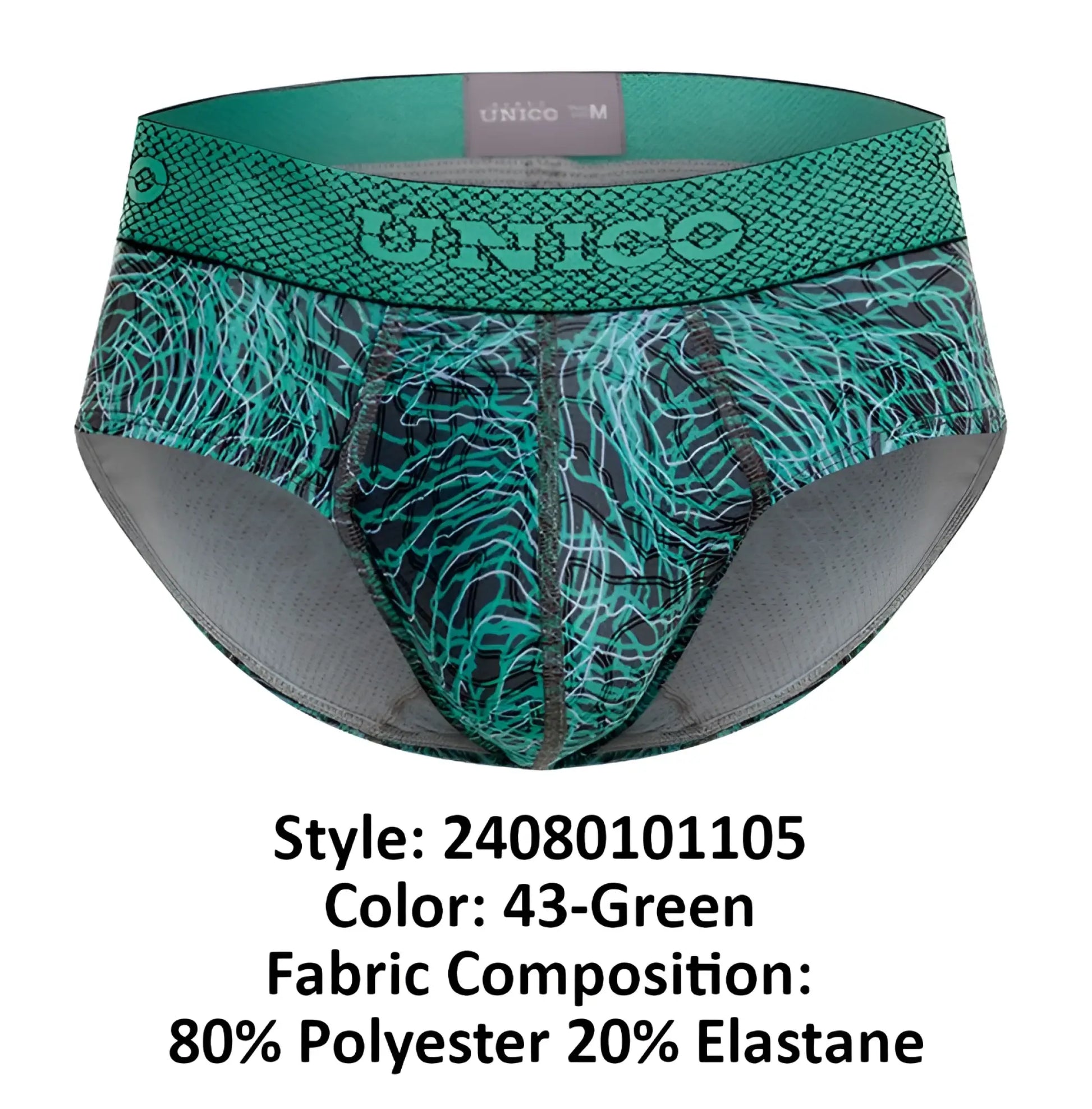 Teal and black patterned unico 24080101105 cairel briefs with snake-scale textured waistband in green color