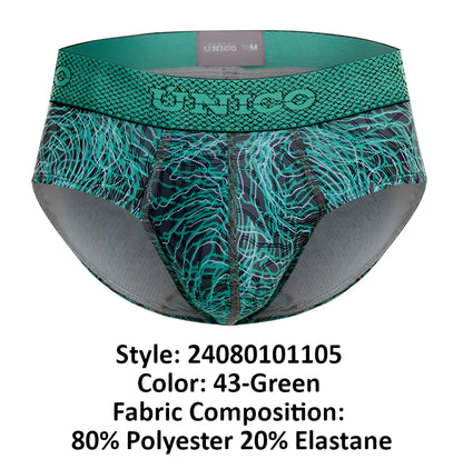 Teal and black patterned unico 24080101105 cairel briefs with snake-scale textured waistband in green color