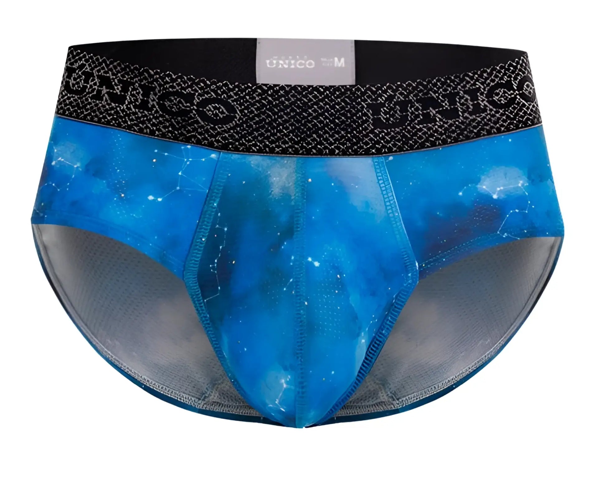 Blue cosmic-themed men’s briefs with black unico waistband and size label in unico 24080101110 infinito briefs color 46-blue