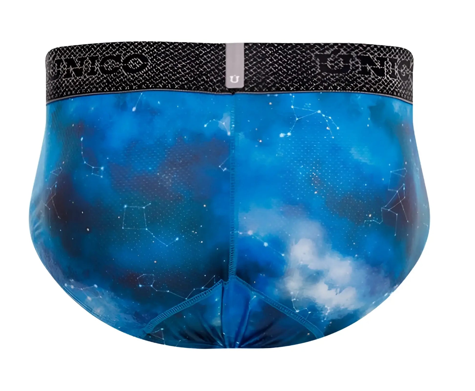 Unico 24080101110 infinito briefs in blue with cosmic star constellation and nebula patterns and black unico waistband