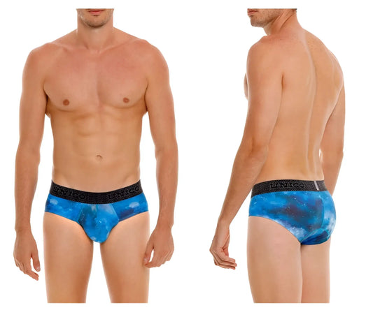 Blue galaxy-patterned men’s briefs with black elastic waistband featuring the unico brand name in color 46-blue