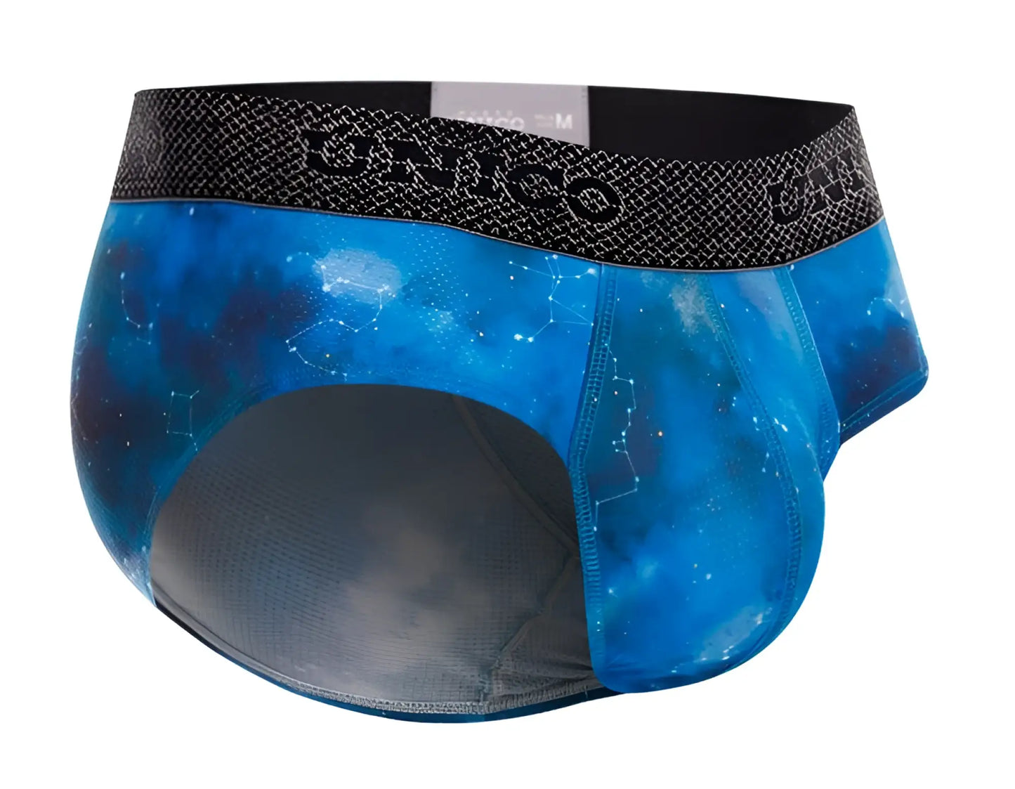 Blue galaxy-themed men’s infinito briefs with black ignico waistband for comfortable everyday wear