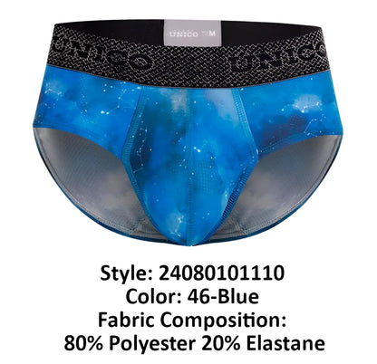 Unico 24080101110 infinito briefs in blue galaxy print with black waistband featuring unico brand logo