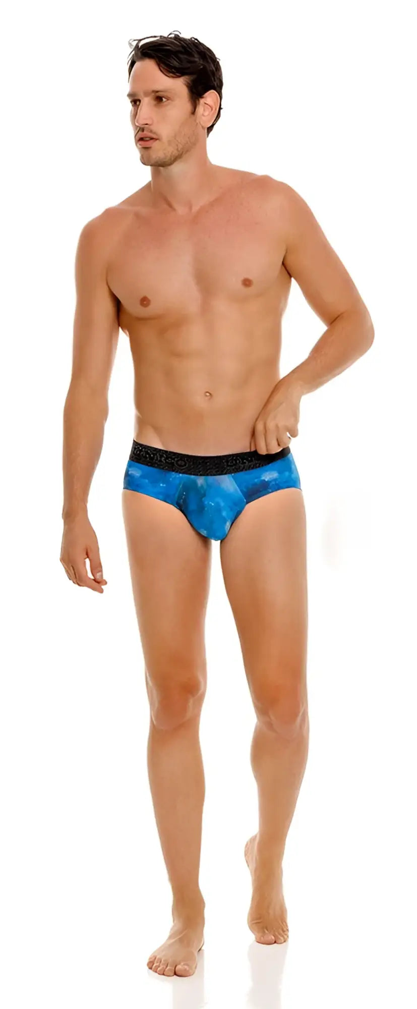 Unico 24080101110 infinito briefs in blue with a black elastic waistband and patterned fabric for men
