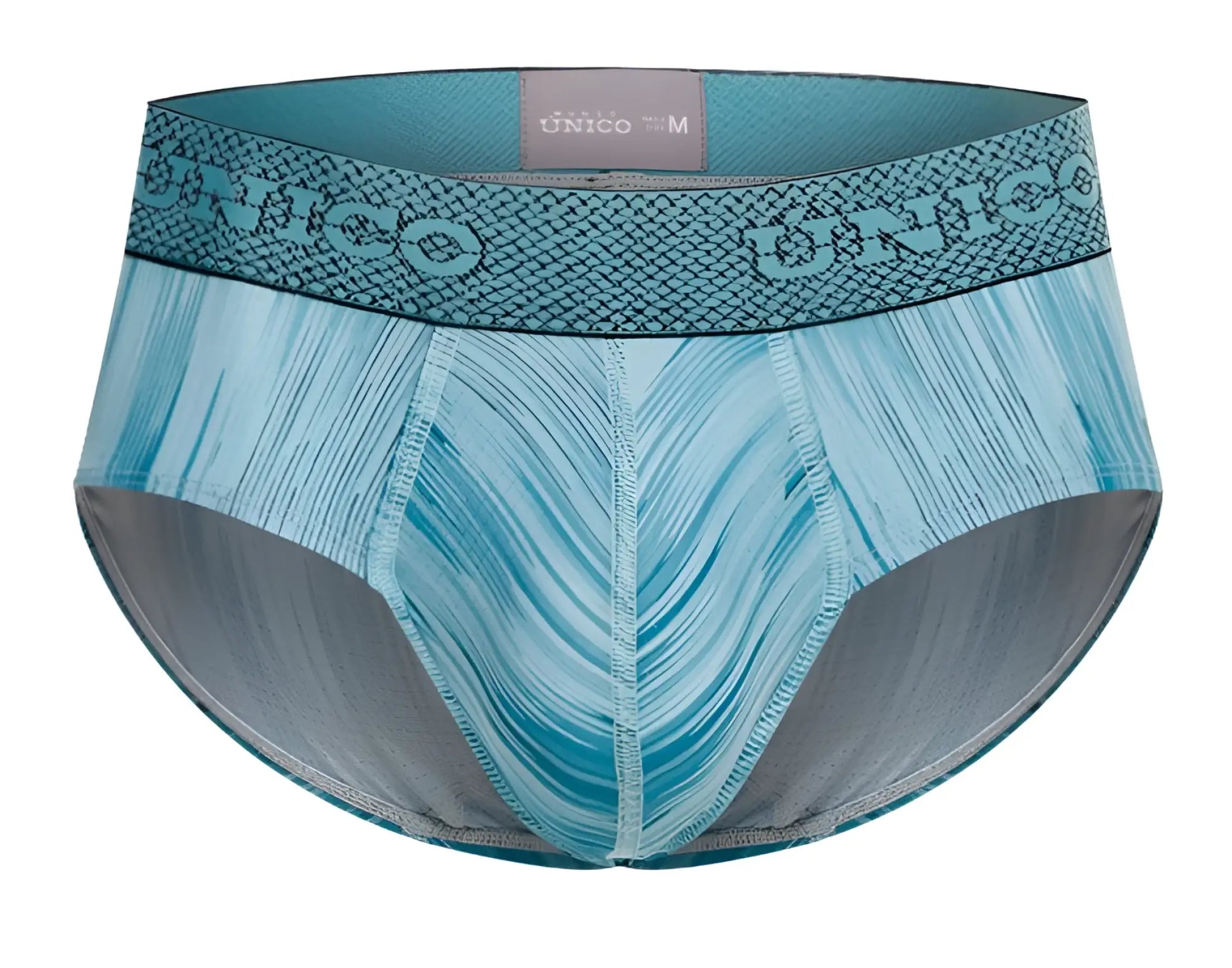 Unico 24080101112 Hilada briefs for men feature teal and gray pattern with textured waistband in color 43-blue