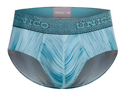 Unico 24080101112 Hilada briefs for men feature teal and gray pattern with textured waistband in color 43-blue