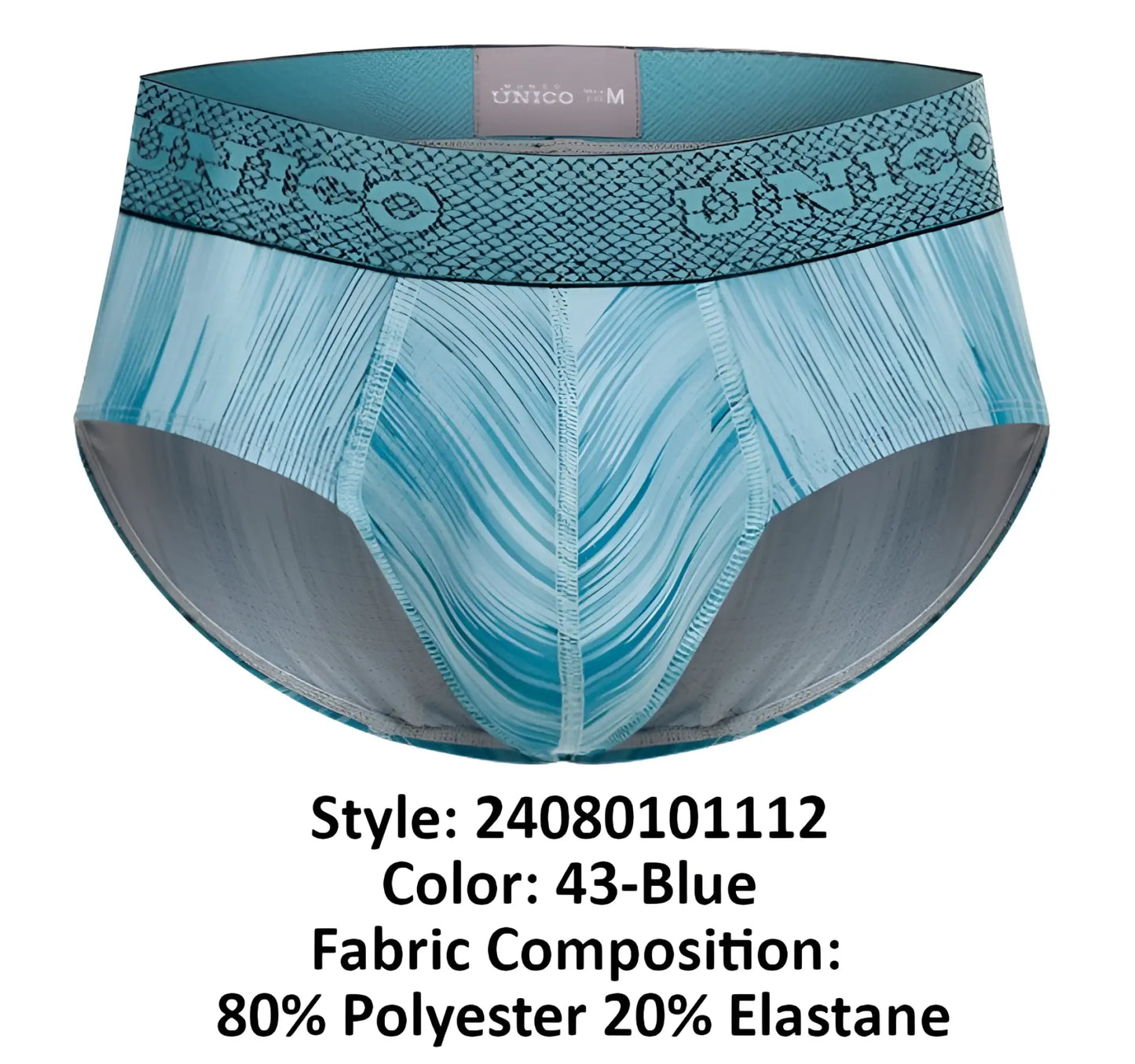 Unico 24080101112 Hilada briefs for men feature teal and gray patterns with a textured waistband in blue color