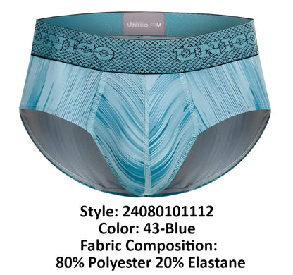 Unico 24080101112 Hilada briefs for men feature teal and gray patterns with a textured waistband in blue color