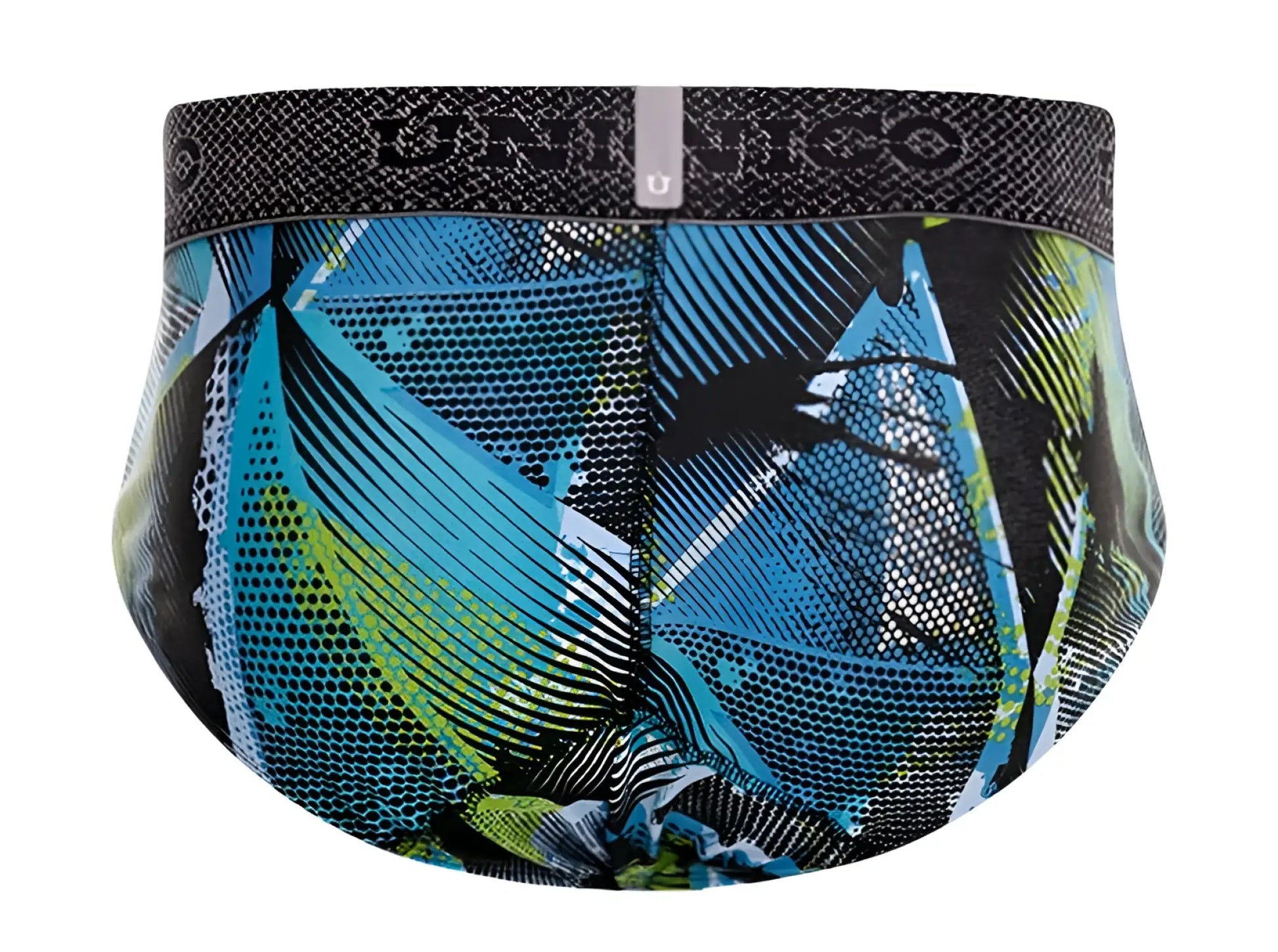 Unico 24080101117 Trino briefs in blue and green abstract pattern with black waistband featuring Unico logo