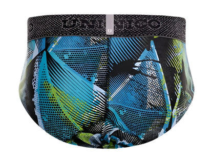 Unico 24080101117 Trino briefs in blue and green abstract pattern with black waistband featuring Unico logo