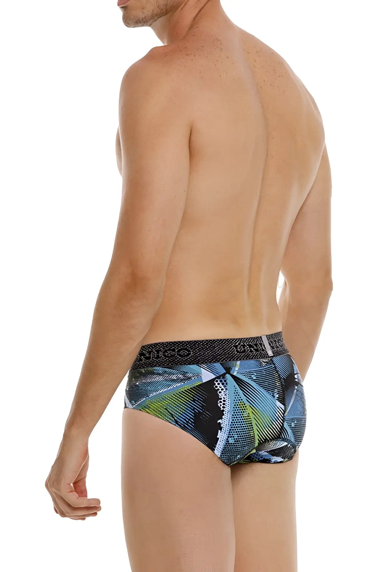 Unico 24080101117 Trino briefs in blue and green geometric print with black elastic waistband featuring brand name