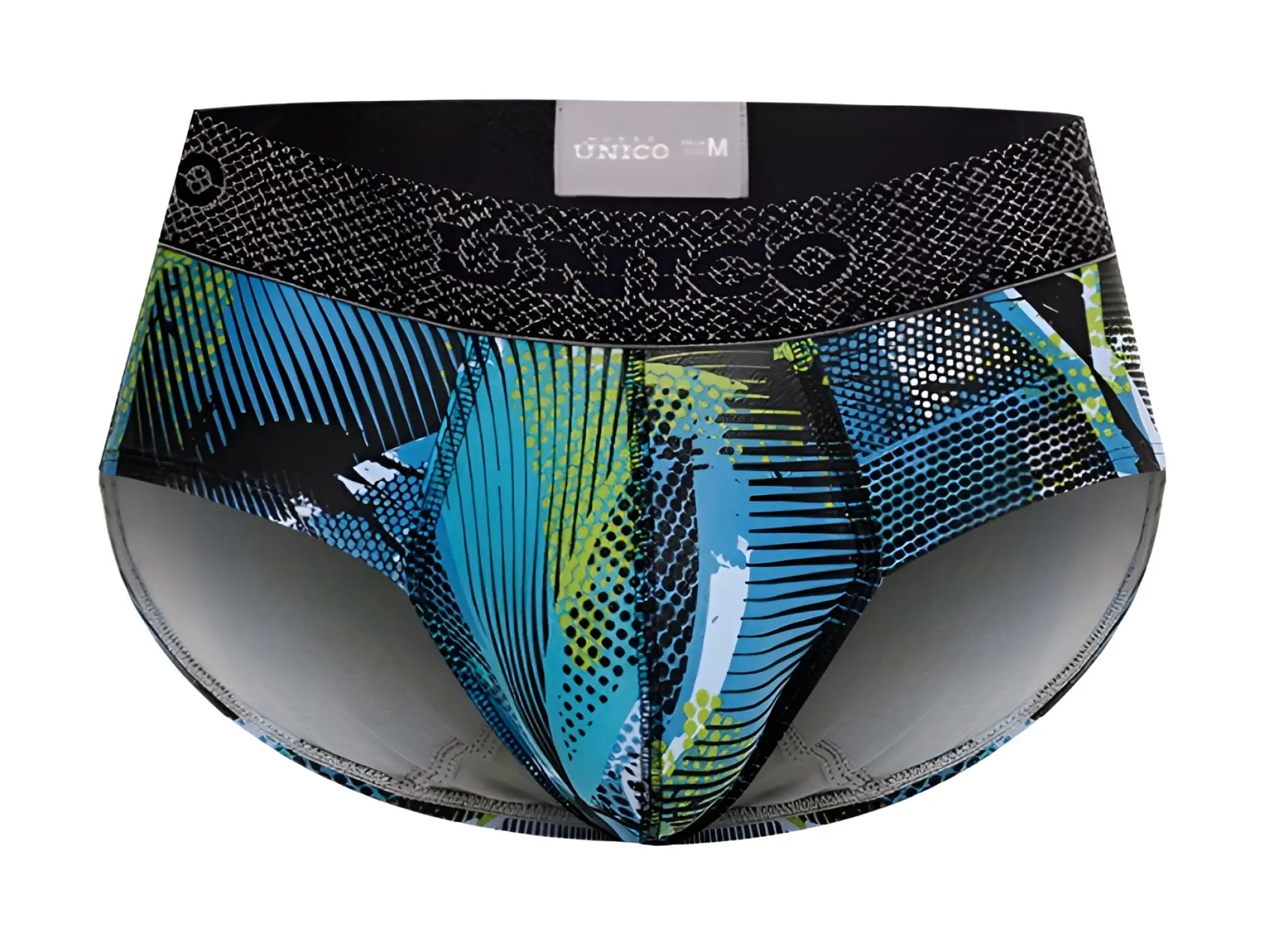 Men’s unico 24080101117 trino briefs in blue and green pattern with black waistband and brand logo front view