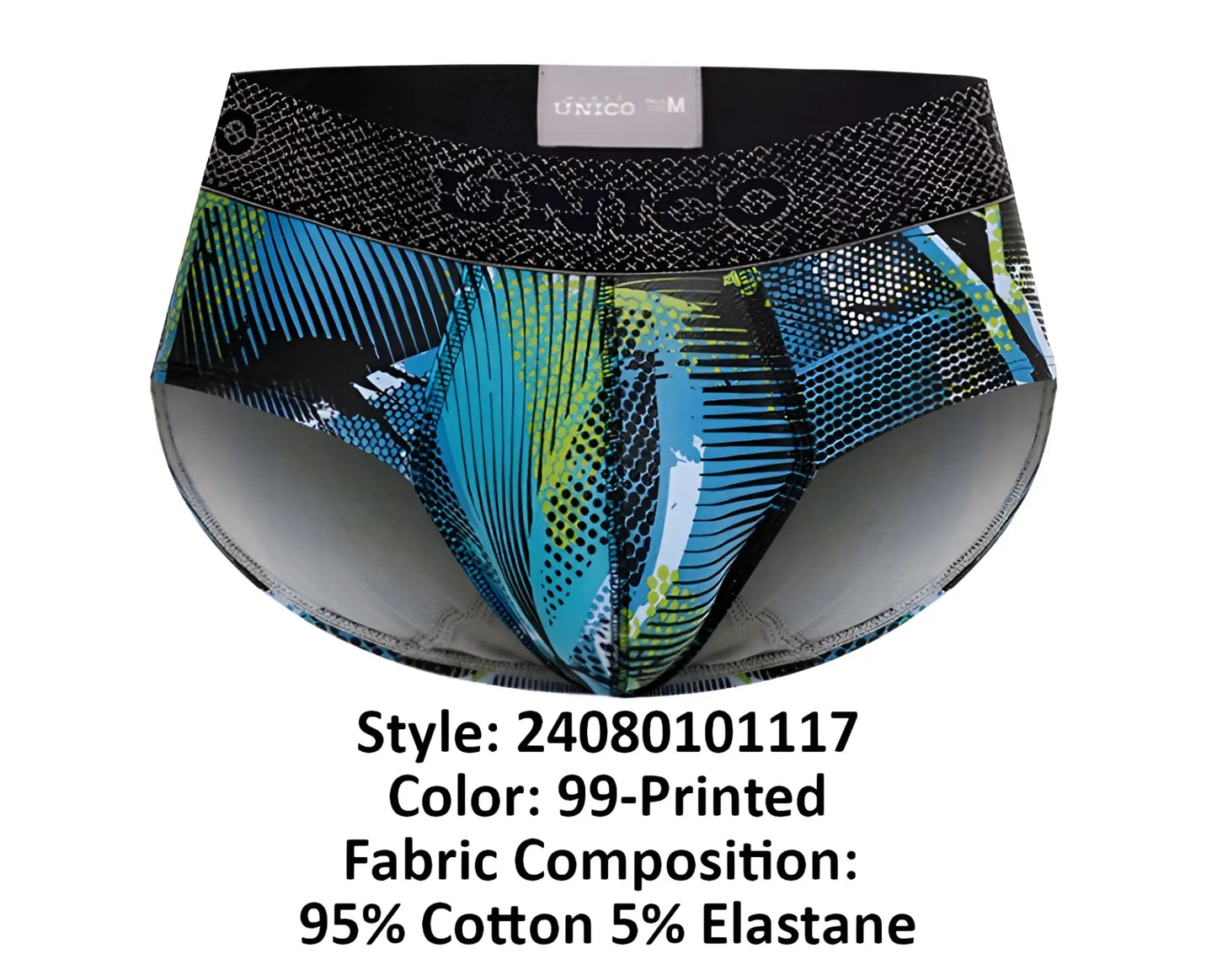 Unico 24080101117 Trino briefs in blue and green pattern with black waistband and brand logo for men