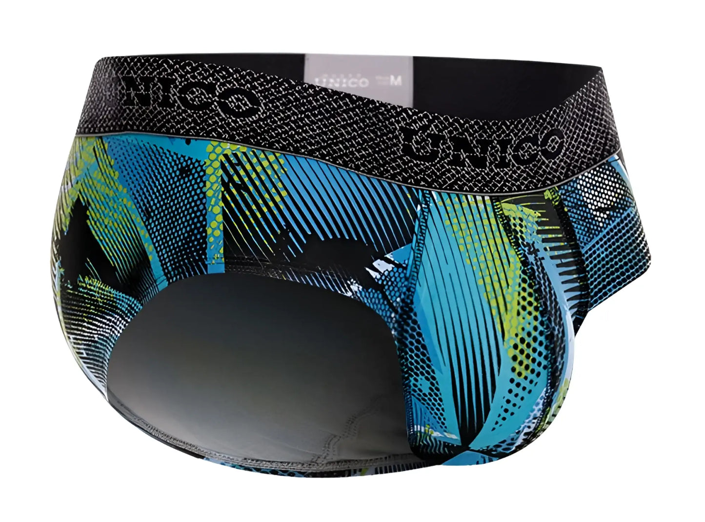 Unico 24080101117 trino briefs in blue and green patterned fabric with black waistband and unico logo for men