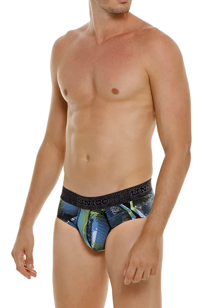 Men’s unico trino briefs with blue green pattern and black waistband featuring the ignicio brand name